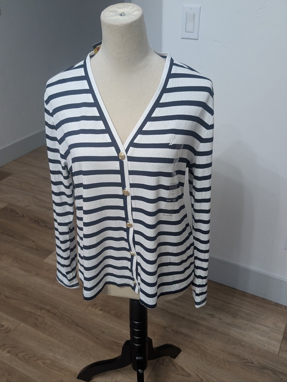 Jones New York Navy and White Striped V-Neck Button Cardigan